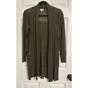 debut Olive Patterned Knit Open Front Cardigan Sweater Pockets Lightweight S